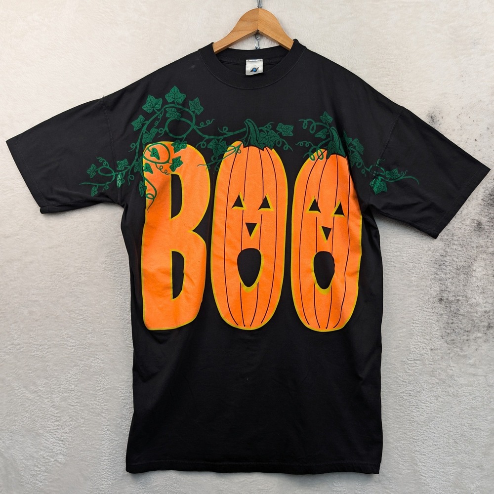 VTG Ground Control T-Shirt Men's 2XL Black BOO Halloween Pumpkin AOP Vine Y2K